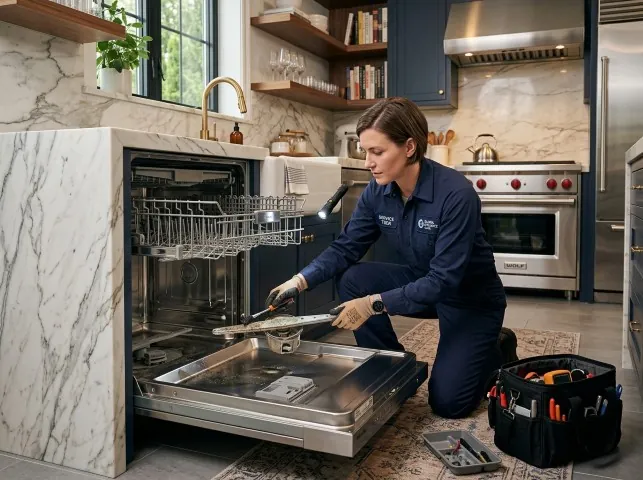 Appliance Repair Hero technician servicing a built-in dishwasher in a Brooklyn, IN kitchen